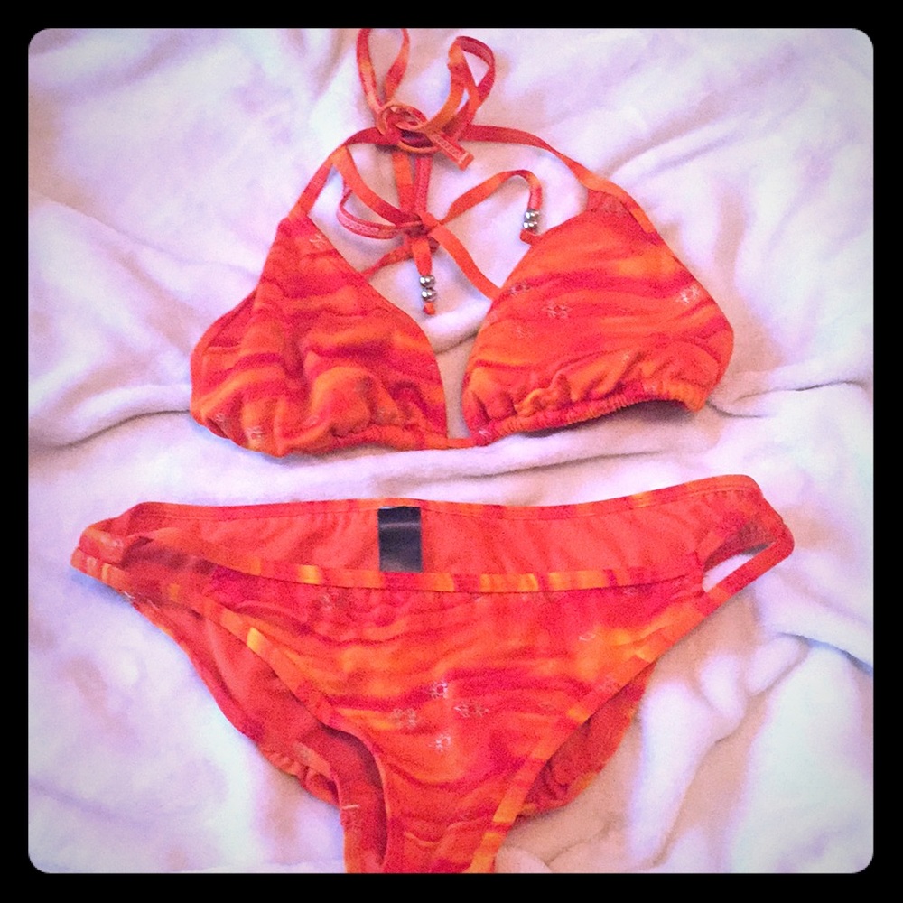 Orange bikini with gold accents